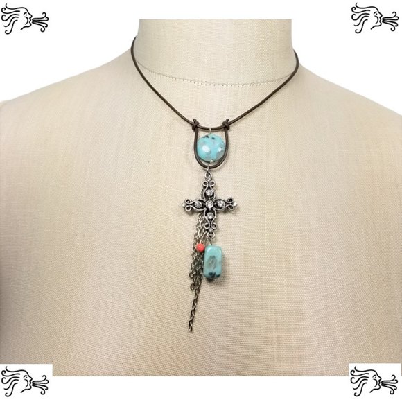 Rhinestone Cross Stone Choker Necklace & Earrings Brown Hand knotted Leather - Picture 3 of 4